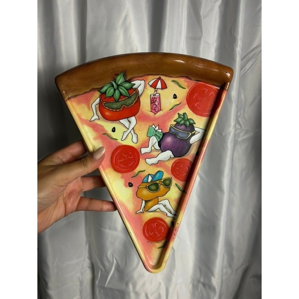 Vintage Hand Painted Ceramic Pizza Slice Plate Anthropomorphic Sunbathing Veggie